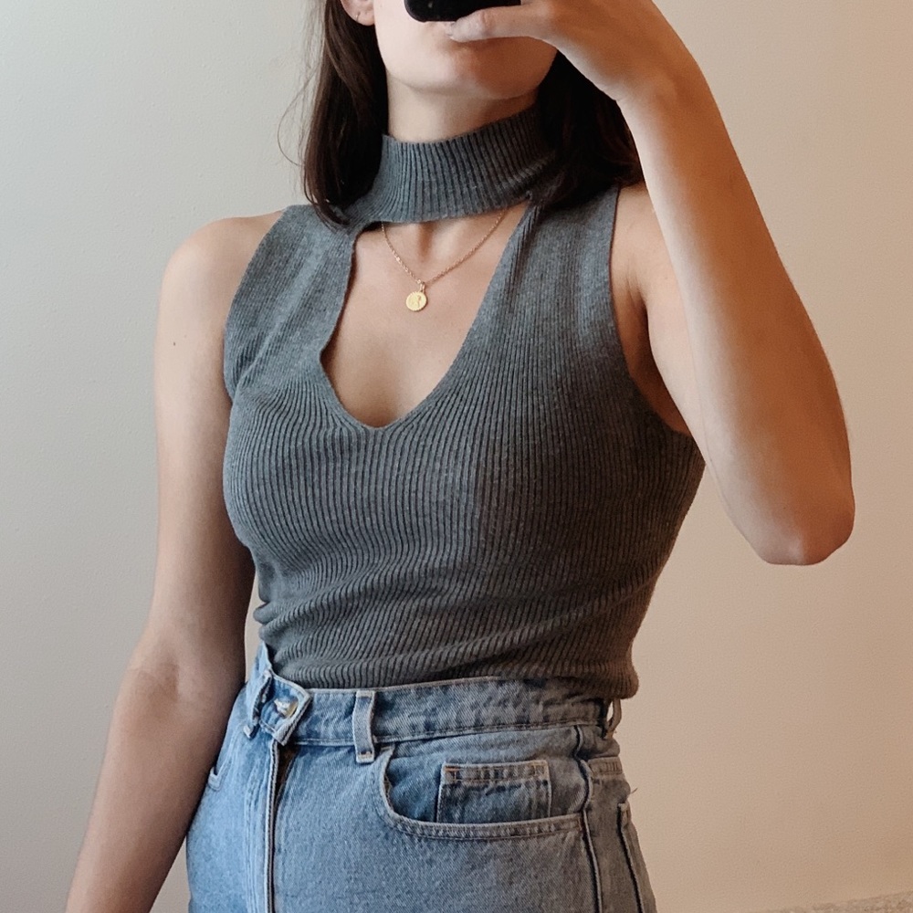 Express grey mock-neck tank with cutout